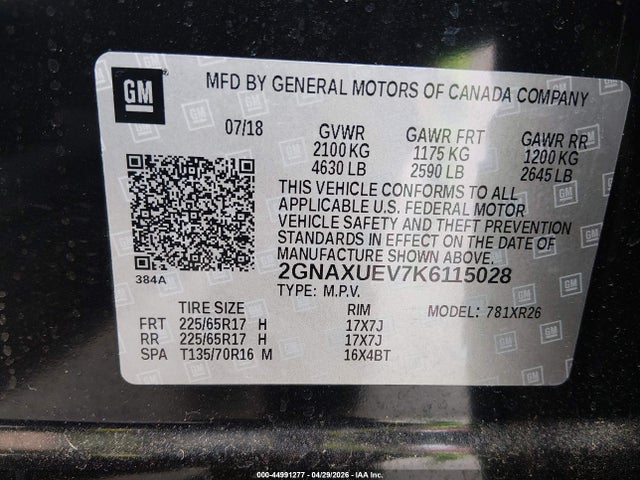 Продажа на аукционе авто 2019 Chevrolet Equinox Lt, vin: 2GNAXUEV7K6115028, номер лота: 44991277