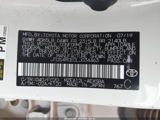 2020 Toyota Corolla Se მანქანა იყიდება აუქციონზე, vin: JTDS4RCE0LJ034463, აუქციონის ნომერი: 44991280