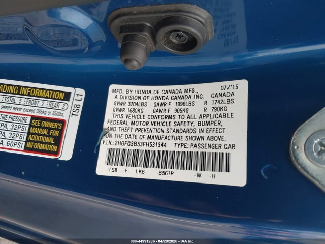 Aukcja sprzedaży 2015 Honda Civic Lx, vin: 2HGFG3B53FH531344, numer aukcji: 44991286