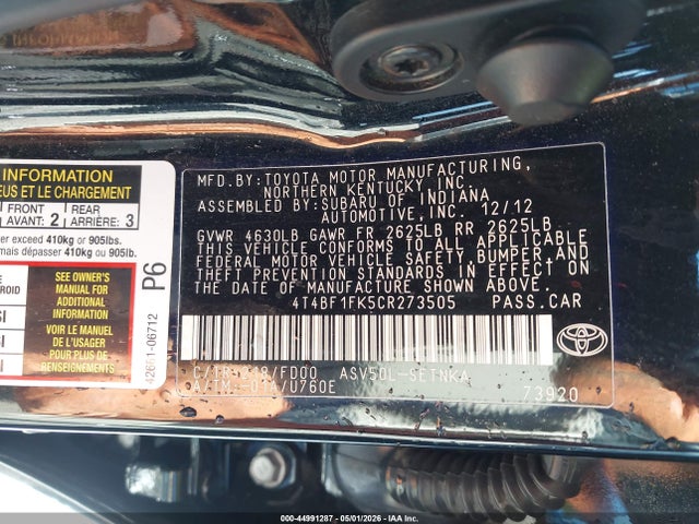 44991287 :رقم المزاد ، 4T4BF1FK5CR273505 vin ، 2012 Toyota Camry Le مزاد بيع