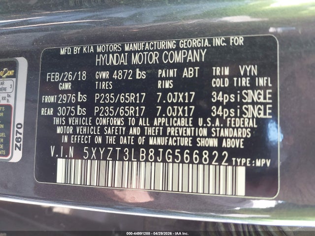 Aukcja sprzedaży 2018 Hyundai Santa Fe Sport 2.4l, vin: 5XYZT3LB8JG566822, numer aukcji: 44991288