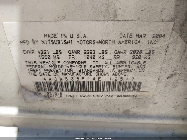 2004 Mitsubishi Galant Es მანქანა იყიდება აუქციონზე, vin: 4A3AB36F14E112517, აუქციონის ნომერი: 44991311