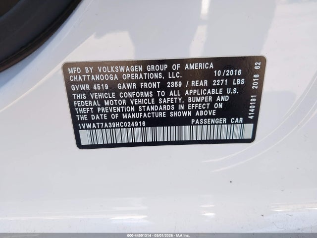 Aukcja sprzedaży 2017 Volkswagen Passat 1.8t S, vin: 1VWAT7A39HC024916, numer aukcji: 44991314