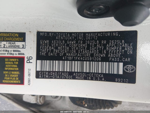 44991316 :رقم المزاد ، 4T1BF1FK4CU591206 vin ، 2012 Toyota Camry L مزاد بيع