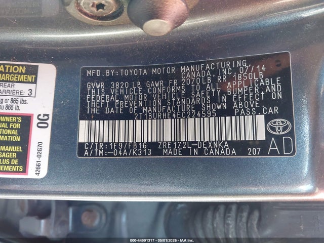 2014 Toyota Corolla Le მანქანა იყიდება აუქციონზე, vin: 2T1BURHE4EC224595, აუქციონის ნომერი: 44991317