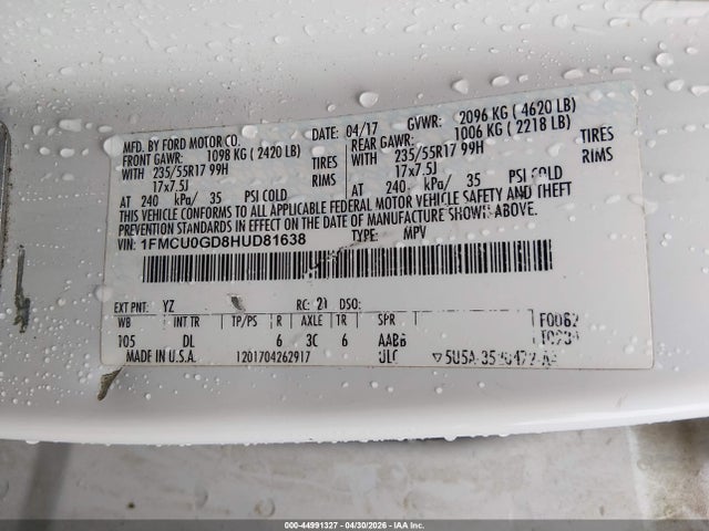44991327 :رقم المزاد ، 1FMCU0GD8HUD81638 vin ، 2017 Ford Escape Se مزاد بيع