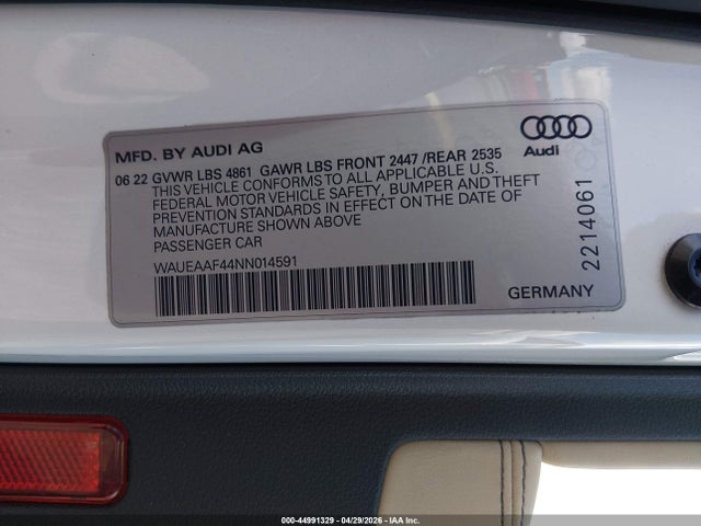 Aukcja sprzedaży 2022 Audi A4 Premium Plus 45 Tfsi S Line Quattro S Tronic, vin: WAUEAAF44NN014591, numer aukcji: 44991329