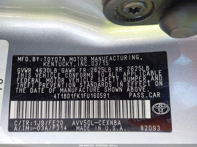 4T1BD1FK1FU160591 Toyota Camry Hybrid Le