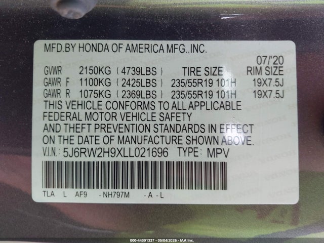 44991337 :رقم المزاد ، 5J6RW2H9XLL021696 vin ، 2020 Honda Cr-v Awd Touring مزاد بيع