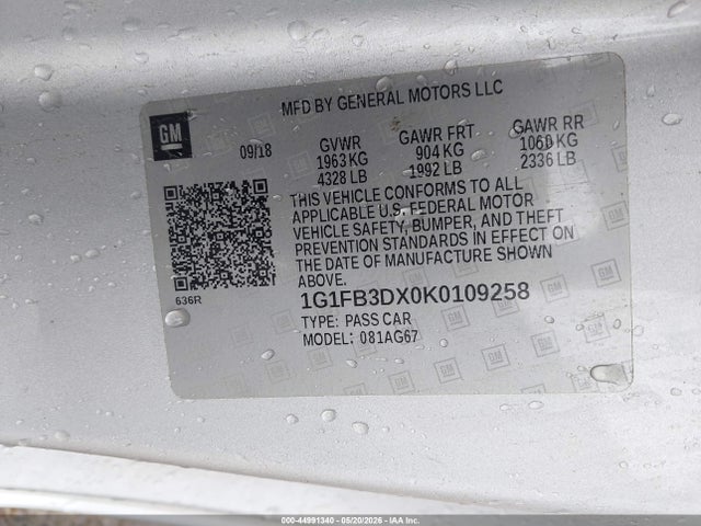 44991340 :رقم المزاد ، 1G1FB3DX0K0109258 vin ، 2019 Chevrolet Camaro 1lt مزاد بيع