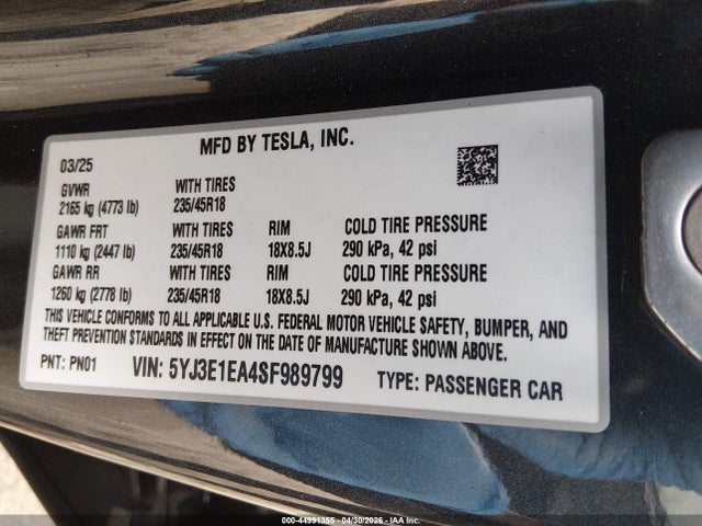 Aukcja sprzedaży 2025 Tesla Model 3 Long Range Rear-wheel Drive/standard Rear-wheel Drive, vin: 5YJ3E1EA4SF989799, numer aukcji: 44991355