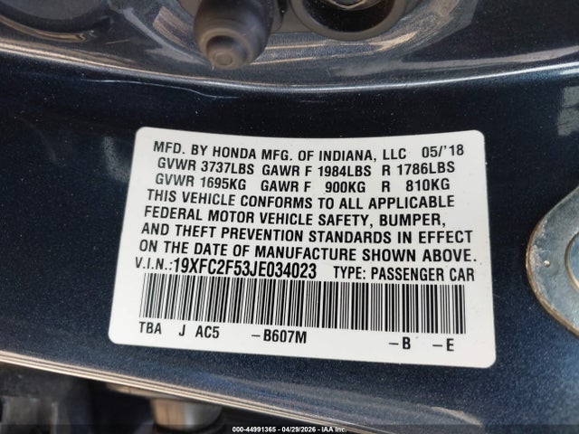 Aukcja sprzedaży 2018 Honda Civic Lx, vin: 19XFC2F53JE034023, numer aukcji: 44991365