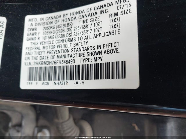 44991366 :رقم المزاد ، 2HKRM3H76FH546490 vin ، 2015 Honda Cr-v Ex-l مزاد بيع