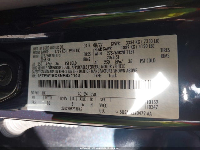 Aukcja sprzedaży 2022 Ford F-150 Platinum, vin: 1FTFW1ED8NFB31143, numer aukcji: 44991372