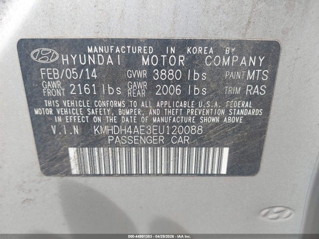 2014 Hyundai Elantra Se მანქანა იყიდება აუქციონზე, vin: KMHDH4AE3EU120088, აუქციონის ნომერი: 44991383