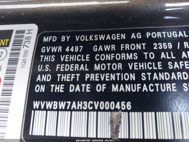 Продаж на аукціоні авто 2012 Volkswagen Eos Komfort, vin: WVWBW7AH3CV000456, номер лоту: 44991392