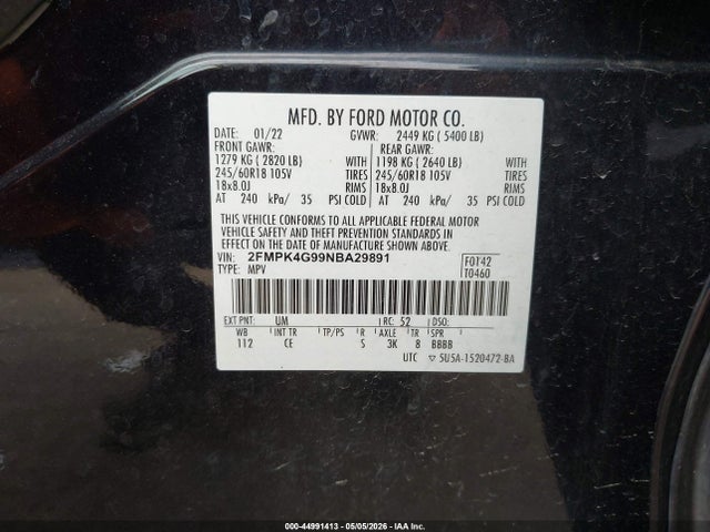 Продаж на аукціоні авто 2022 Ford Edge Se, vin: 2FMPK4G99NBA29891, номер лоту: 44991413