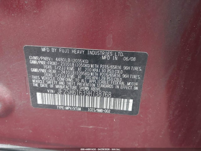 44991435 :رقم المزاد ، JF2SH61639H738768 vin ، 2009 Subaru Forester 2.5x مزاد بيع