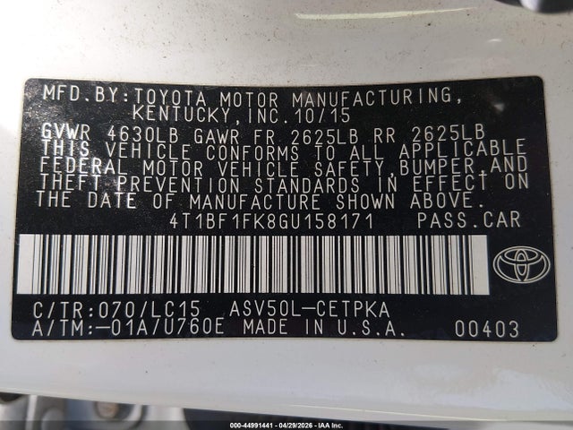 Toyota CAMRY XSE 2016 4T1BF1FK8GU158171 Image 9