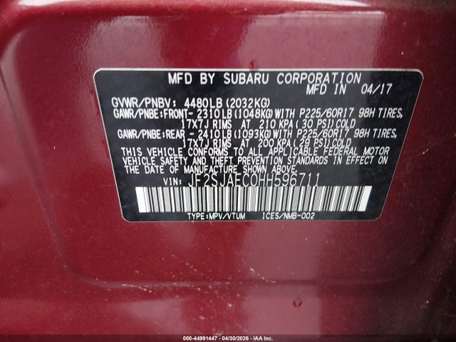 44991447 :رقم المزاد ، JF2SJAEC0HH596711 vin ، 2017 Subaru Forester 2.5i Premium مزاد بيع