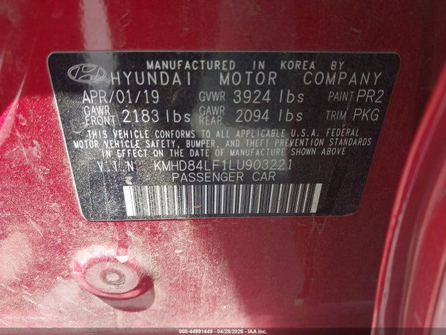 44991449 :رقم المزاد ، KMHD84LF1LU903221 vin ، 2020 Hyundai Elantra Sel مزاد بيع