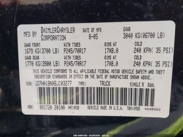 44991456 :رقم المزاد ، 1D7HA18NX6J103277 vin ، 2006 Dodge Ram 1500 Slt مزاد بيع