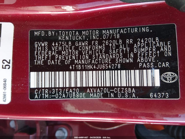 Aukcja sprzedaży 2018 Toyota Camry Se, vin: 4T1B11HK4JU654278, numer aukcji: 44991457
