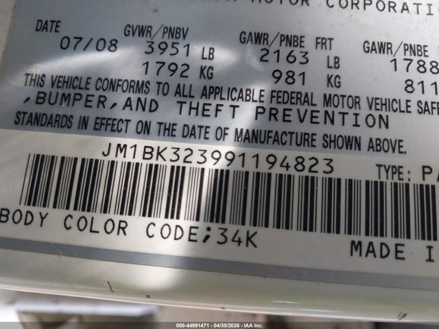 44991471 :رقم المزاد ، JM1BK323991194823 vin ، 2009 Mazda Mazda3 S Grand Touring مزاد بيع
