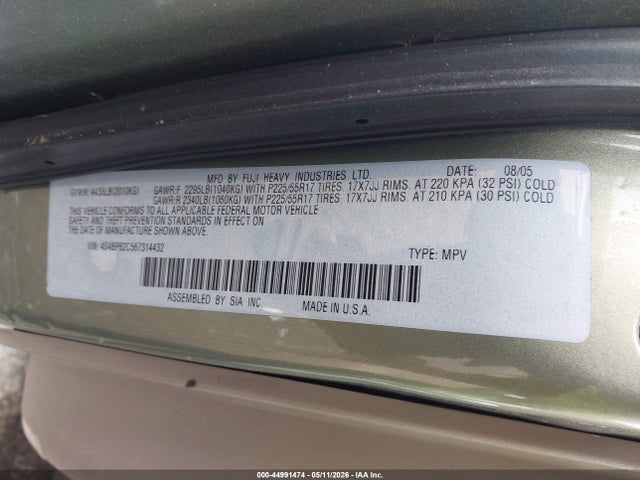 2006 Subaru Outback 2.5i Limited მანქანა იყიდება აუქციონზე, vin: 4S4BP62C567314432, აუქციონის ნომერი: 44991474