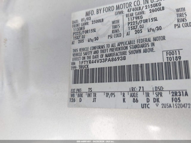 44991481 :رقم المزاد ، 1FTYR44V33PA86938 vin ، 2003 Ford Ranger Edge/tremor/xlt مزاد بيع