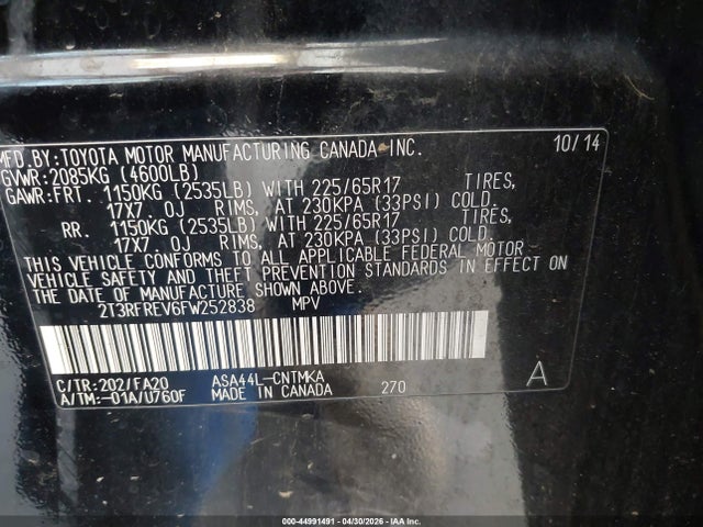 Toyota Rav4 Xle 2015 2T3RFREV6FW252838 Image 9