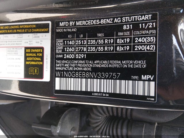 44991499 :رقم المزاد ، W1N0G8EB8NV339757 vin ، 2022 Mercedes-benz Glc 300 4matic Suv مزاد بيع