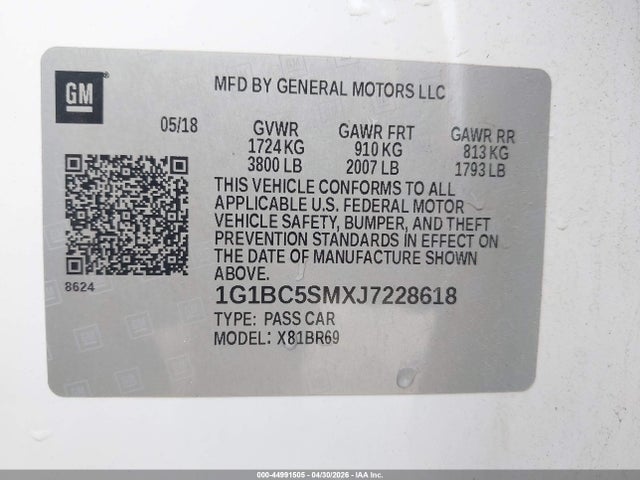 Продажа на аукционе авто 2018 Chevrolet Cruze Ls Auto, vin: 1G1BC5SMXJ7228618, номер лота: 44991505