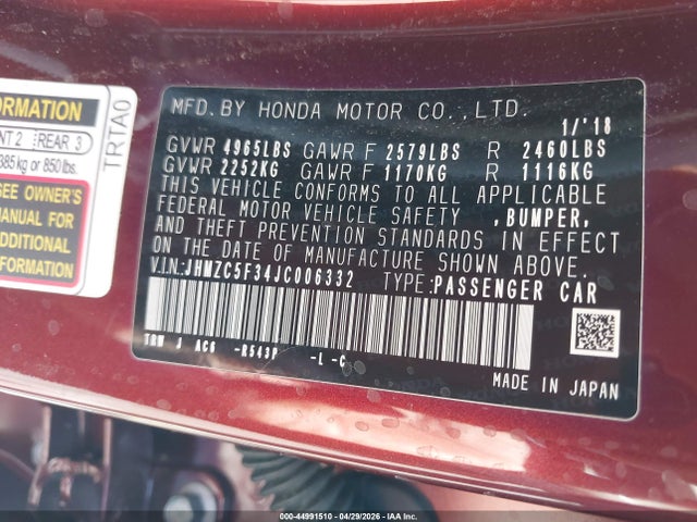 JHMZC5F34JC006332 Honda Clarity Plug-in Hybrid Touring