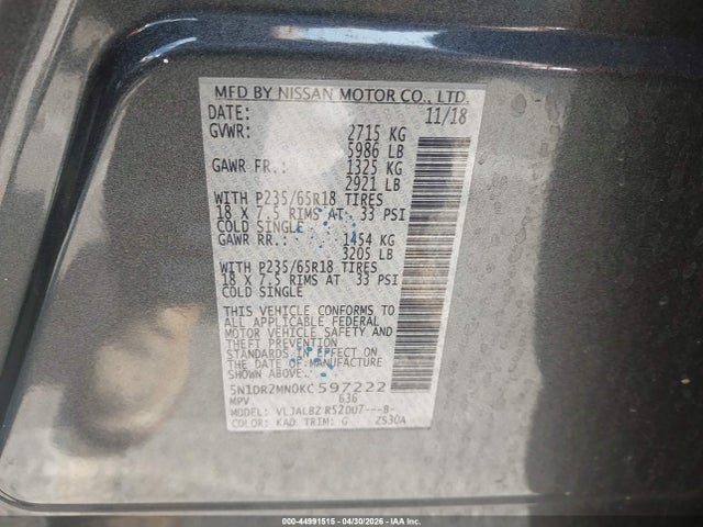 Nissan Pathfinder S 2019 5N1DR2MN0KC597222 Image 9