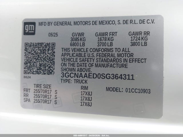 44991517 :رقم المزاد ، 3GCNAAED0SG364311 vin ، 2025 Chevrolet Silverado 1500 2wd  Long Bed Wt مزاد بيع