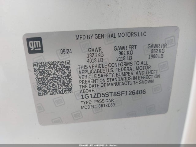 Aukcja sprzedaży 2025 Chevrolet Malibu Fwd 1lt, vin: 1G1ZD5ST8SF126406, numer aukcji: 44991537