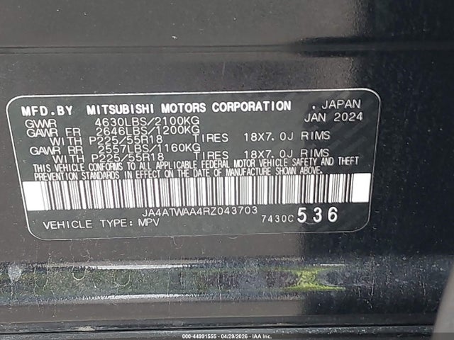 Продаж на аукціоні авто 2024 Mitsubishi Eclipse Cross Se S-awc/sel S-awc, vin: JA4ATWAA4RZ043703, номер лоту: 44991555