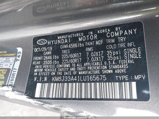 Aukcja sprzedaży 2020 Hyundai Tucson Value, vin: KM8J33A41LU165675, numer aukcji: 44991570