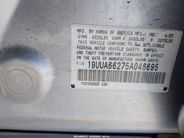 Aukcja sprzedaży 2005 Acura Tl, vin: 19UUA66275A046695, numer aukcji: 44991572