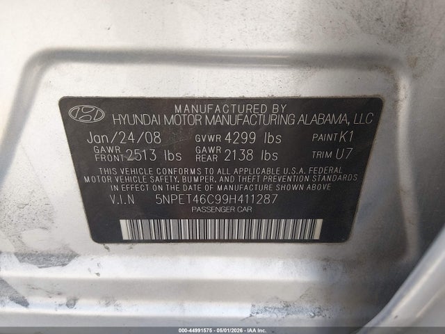 Auction sale of the 2009 Hyundai Sonata Gls, vin: 5NPET46C99H411287, lot number: 44991575