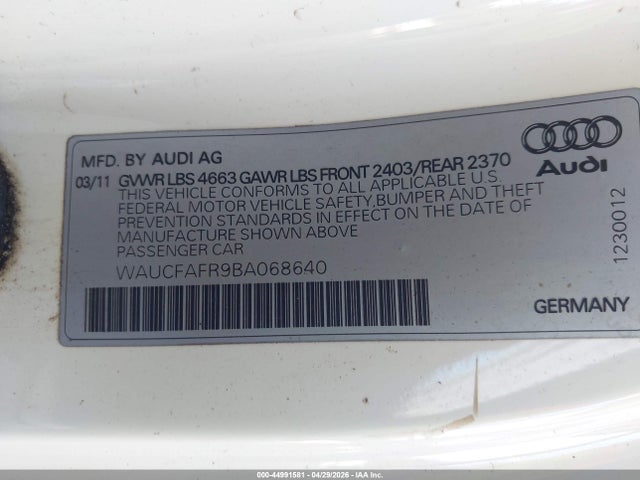 44991581 :رقم المزاد ، WAUCFAFR9BA068640 vin ، 2011 Audi A5 2.0t Premium مزاد بيع