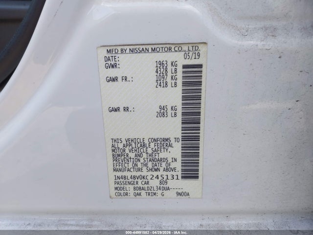 2019 Nissan Altima 2.5 S მანქანა იყიდება აუქციონზე, vin: 1N4BL4BV0KC245131, აუქციონის ნომერი: 44991582