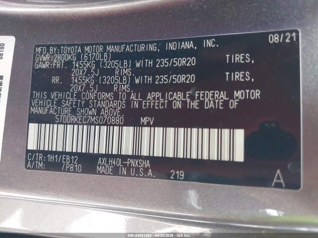 44991583 :رقم المزاد ، 5TDDRKEC7MS070880 vin ، 2021 Toyota Sienna Xse مزاد بيع