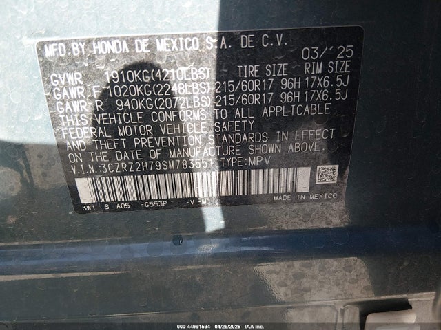 3CZRZ2H79SM783551 Honda Hr-v Awd Ex-l