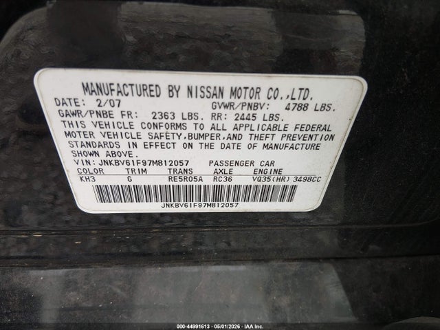 44991613 :رقم المزاد ، JNKBV61F97M812057 vin ، 2007 Infiniti G35x مزاد بيع