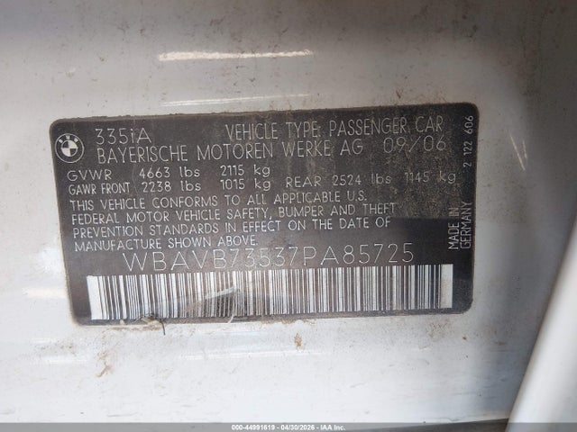2007 Bmw 335i მანქანა იყიდება აუქციონზე, vin: WBAVB73537PA85725, აუქციონის ნომერი: 44991619