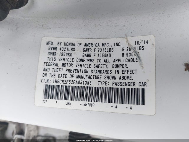 Продажа на аукционе авто 2015 Honda Accord Sport, vin: 1HGCR2F52FA051358, номер лота: 44991621