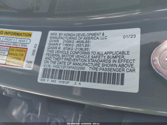 44991626 :رقم المزاد ، 1HGCY2F7XPA002995 vin ، 2023 Honda Accord Hybrid Sport-l مزاد بيع