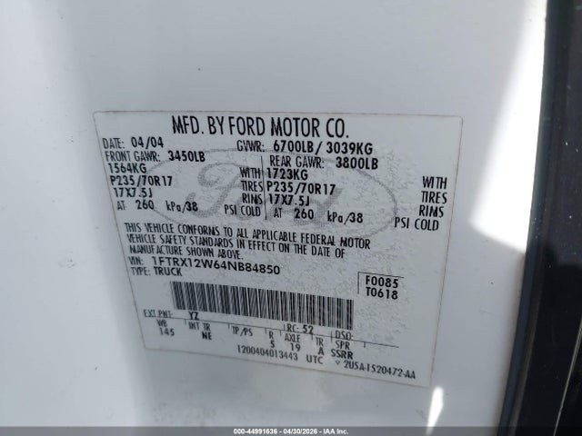 Aukcja sprzedaży 2004 Ford F-150 Stx/xl/xlt, vin: 1FTRX12W64NB84850, numer aukcji: 44991636